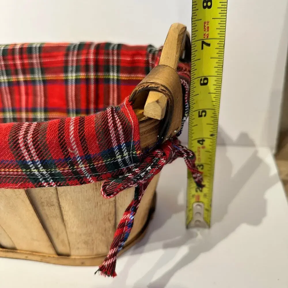 Large Oblong Red Plaid Fabric Lined Basket Gift Basket 22x8.5x7.5 Wooden Handles